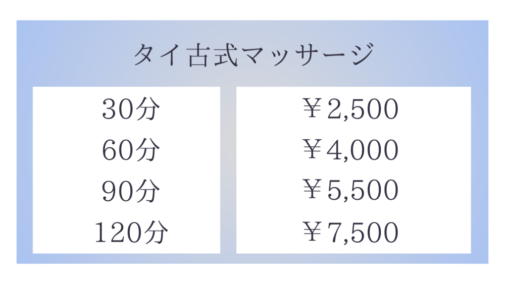 茨城県石岡市東光台のタイ古式マッサージ・サバイディのタイ古式マッサージメニュー30分2,500円〜